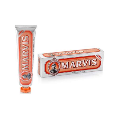 Οδοντόκρεμα της Marvis σε σωληνάριο των 85ml με ξυλιτόλη (xylitol) και γεύση τζίνζτερ και μέντα.